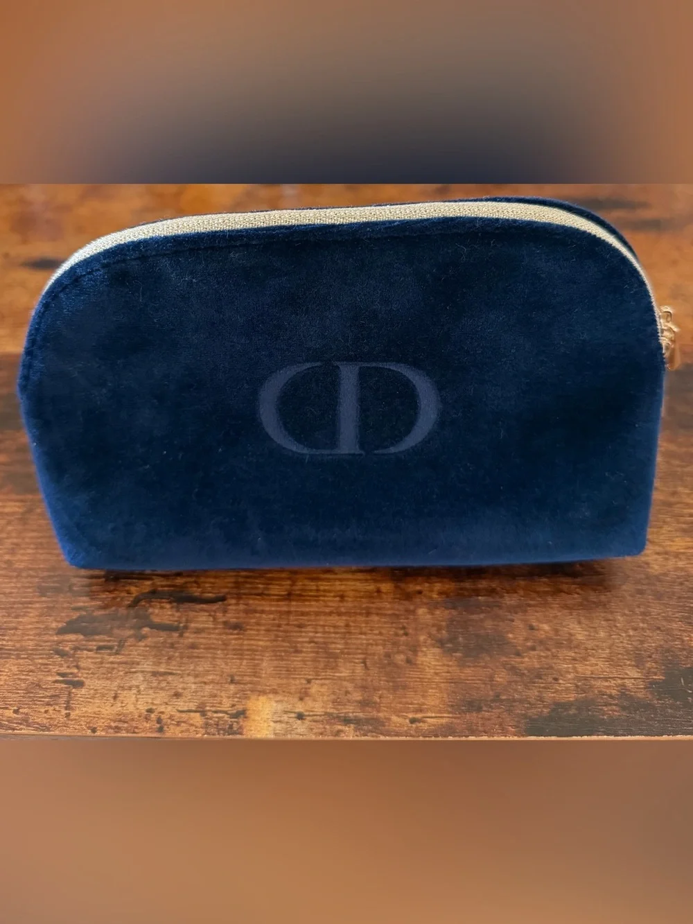 Christian Dior Beauty CD Logo Navy Blue Velvet Cosmetic Zip Bag Pouch